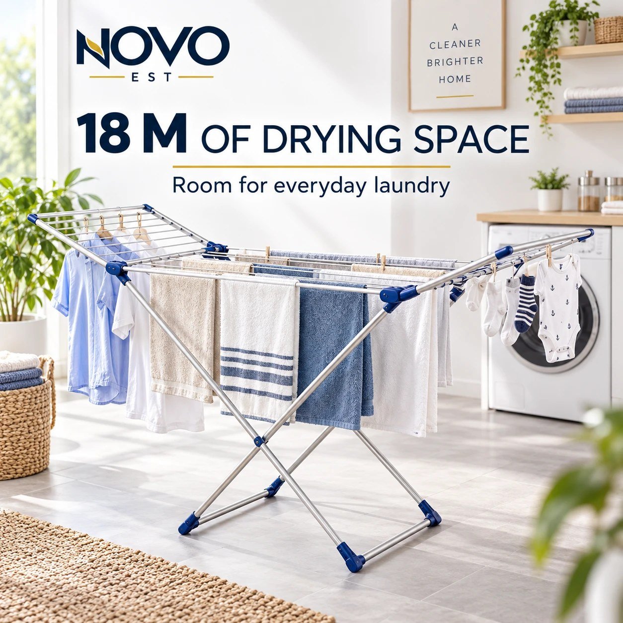 Clothes Drying Rack, Stainless Steel, Foldable Space-Saving Clothes Airer, Large Freestanding منشر ملابس لتجفيف الملابس, for Bed Linen, Towels, Socks and Scarves, Indoor & Outdoor Use, Silver with Blue Joints