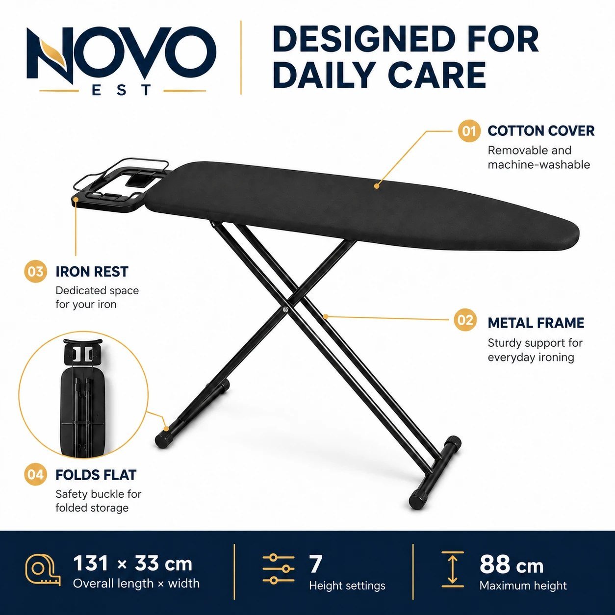 Foldable Ironing Board 131 x 33 cm | Adjustable Height طاولة كي الملابس قابلة للطي | Large Iron Rest, Sturdy Metal Frame, Non-Slip Feet, Compact Space Saving Design for Home & Laundry Room