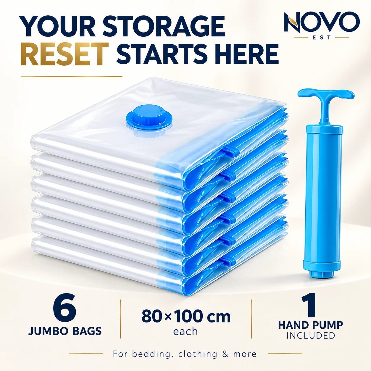 Vacuum Compression Storage Bags with Airtight Valve & Hand Pump, أكياس تخزين مفرغة من الهواء, 12-Pack (3 Jumbo, 3 Large, 3 Medium, 3 Small), Reusable Space Saver Bags for Clothes, Blankets