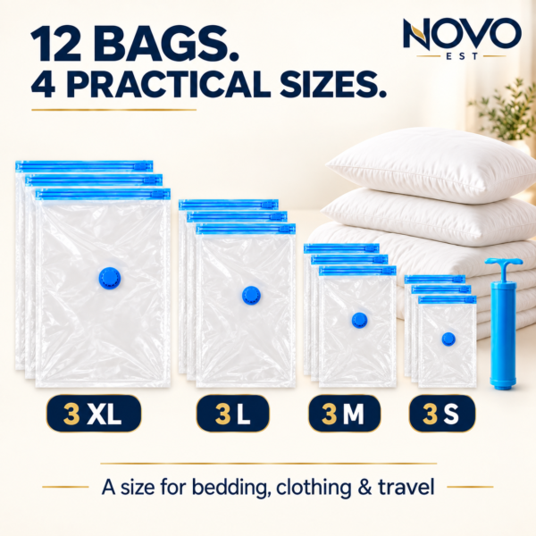 Vacuum Compression Storage Bags with Airtight Valve & Hand Pump, أكياس تخزين مفرغة من الهواء, 12-Pack (3 Jumbo, 3 Large, 3 Medium, 3 Small), Reusable Space Saver Bags for Clothes, Blankets