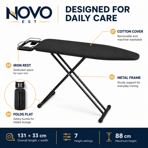 product name: Foldable Ironing Board 110 x 33 cm | Adjustable Height طاولة كي الملابس قابلة للطي | Large Iron Rest, Sturdy Metal Frame, Non-Slip Feet, Compact Space Saving Design for Home & Laundry Room